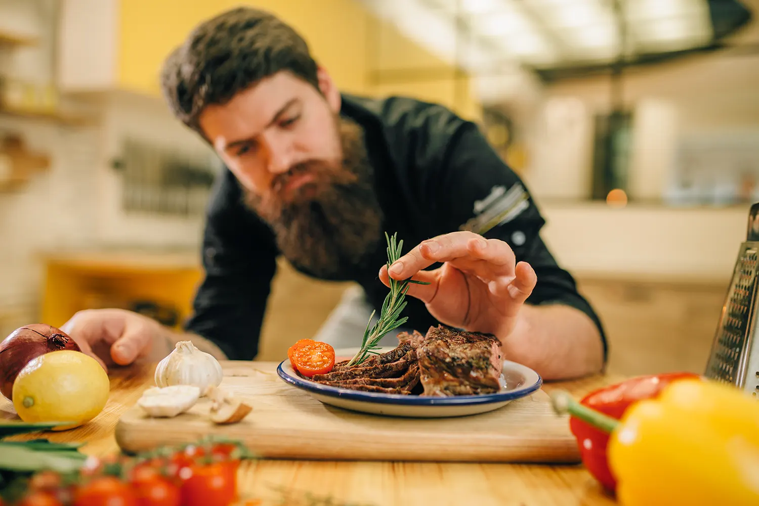 chef decorates herbs roasted meat slices in plate 2022 02 02 04 51 38 utc